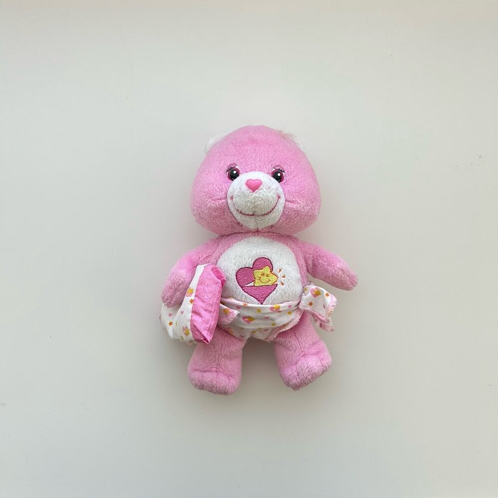 2003 Care Bear BABY HUGS Bear Pink & White Stuffed Animal Plush 8” W/Diaper